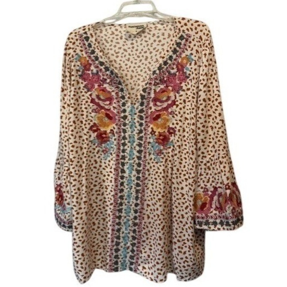 Savanna Jane Womens 1X Leopard Floral Embroidered Boho Tunic Bell Sleeve Rayon